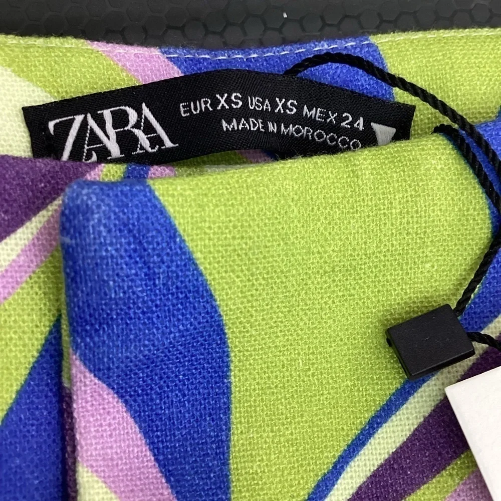 ZARA RETRO SIZE XS BLUE GREEN FLARED SUMMER PANTS SWIRL SPRING VACATION NWT‎